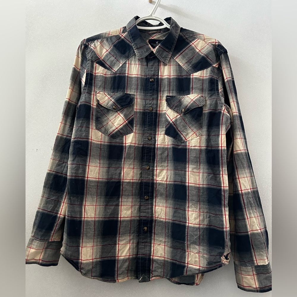 AMERICAN EAGLE OUTFITTERS Plaid Shirt - Navy and Beige  LARGE